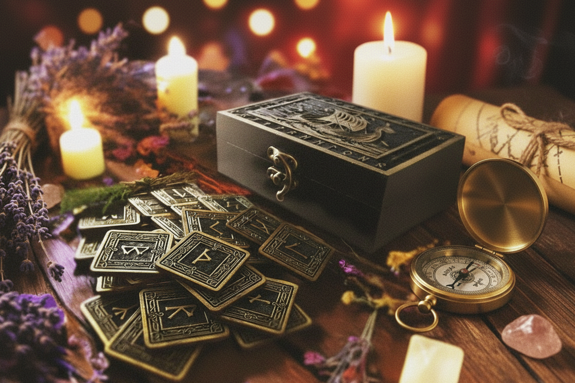 Boxed Wooden Rune Pagan Gift set, Norse Viking Ship