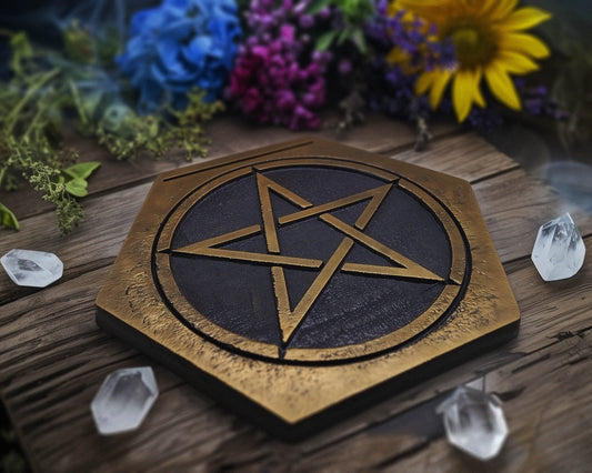 black and gold pentagram tarot card holder, altar decor