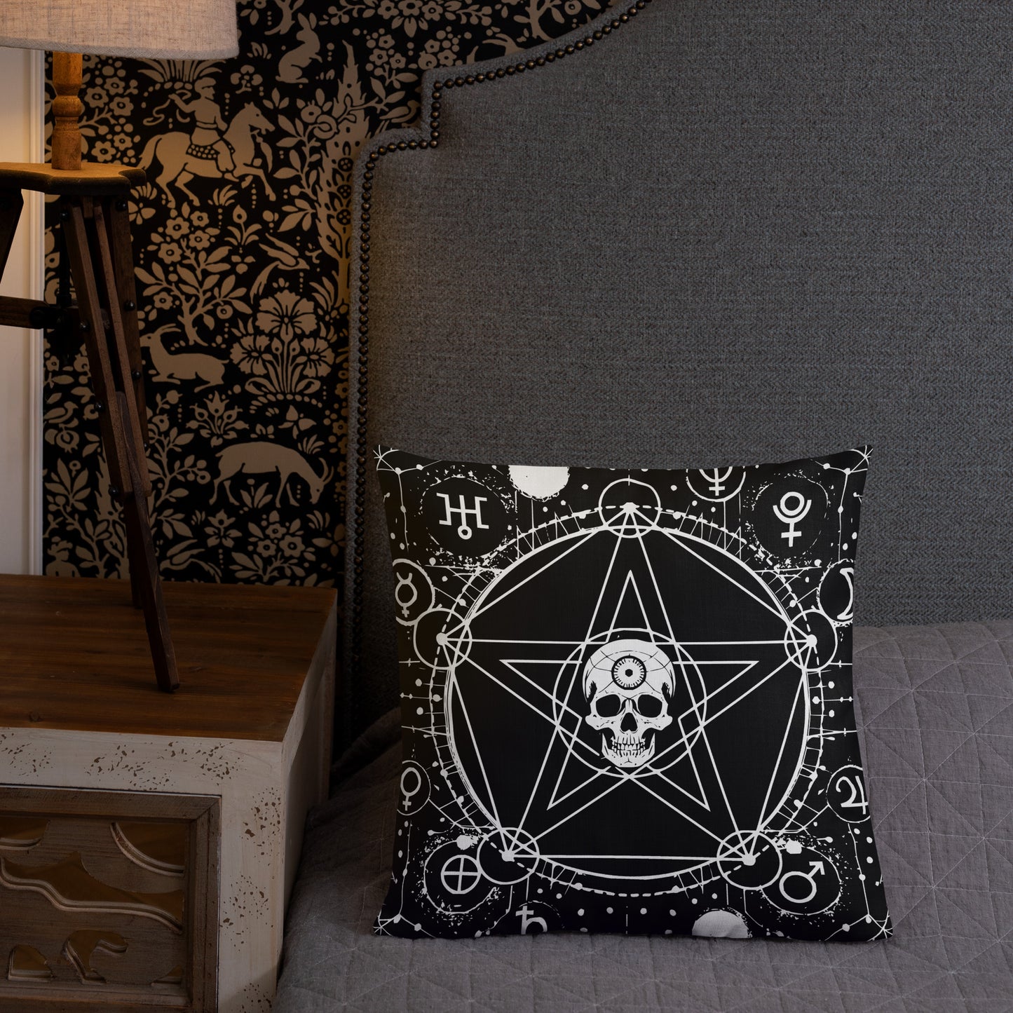 Mystic Planetary Gothic Skull Pentagram Occult Premium Pillow