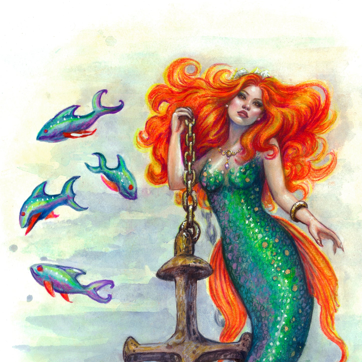 Anchor Embrace Original Mermaid Painting Wall Art