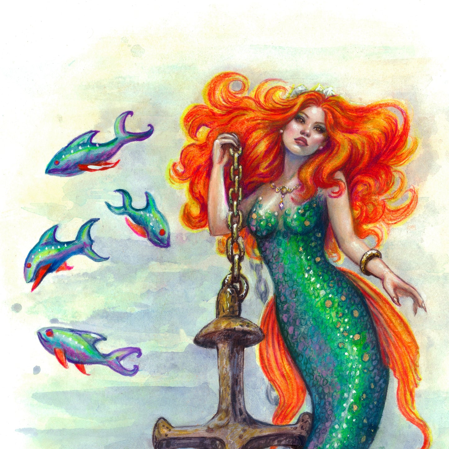 Anchor Embrace Ocean Mermaid Art Print Wall Decor