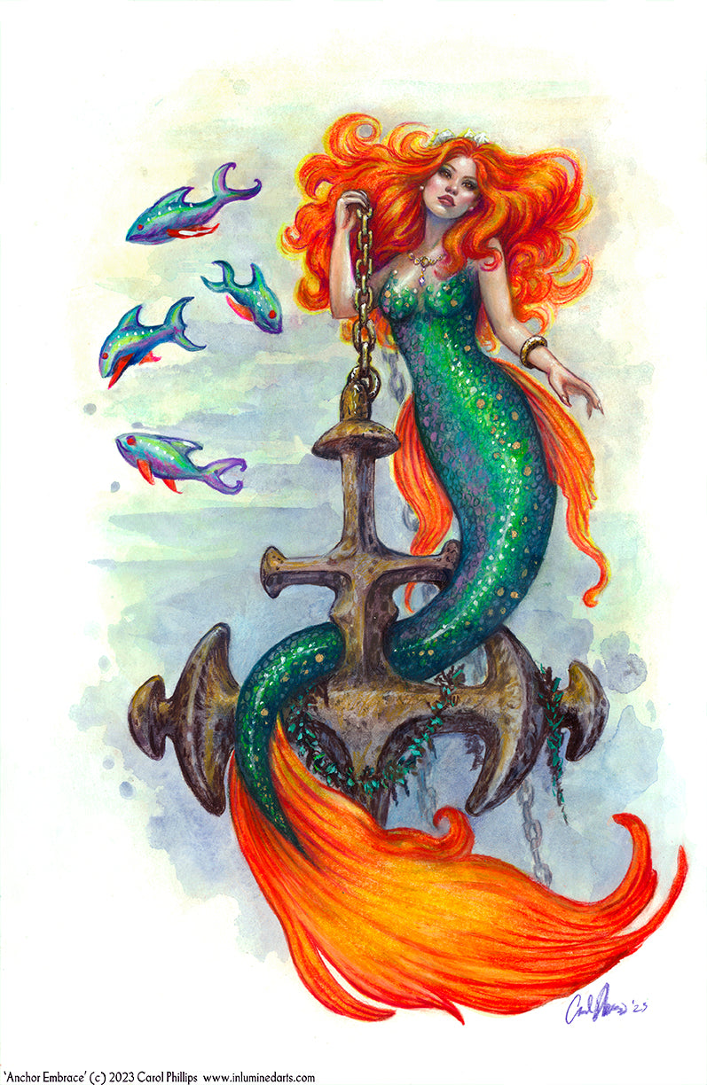 Anchor Embrace Original Mermaid Painting Wall Art