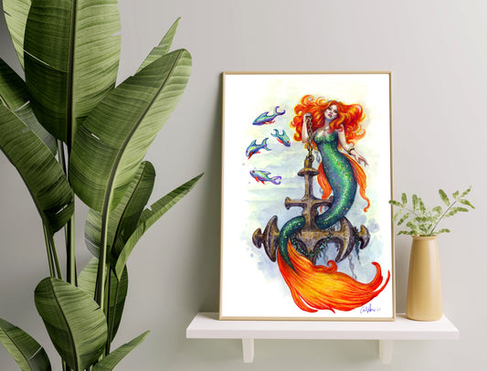 Anchor Embrace Ocean Mermaid Art Print Wall Decor