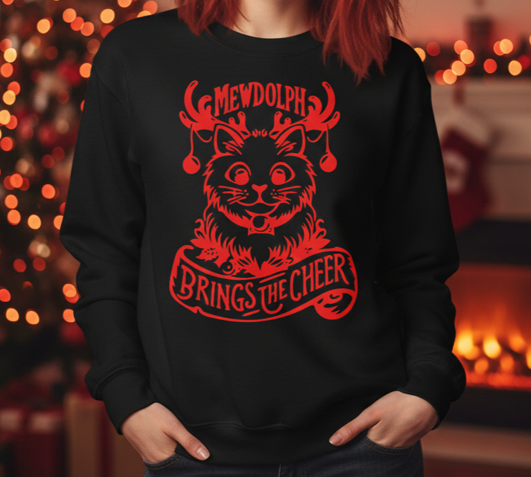 Mewdolph Brings the Cheer – Holiday Cat Sweatshirt - fun gift for cat lovers