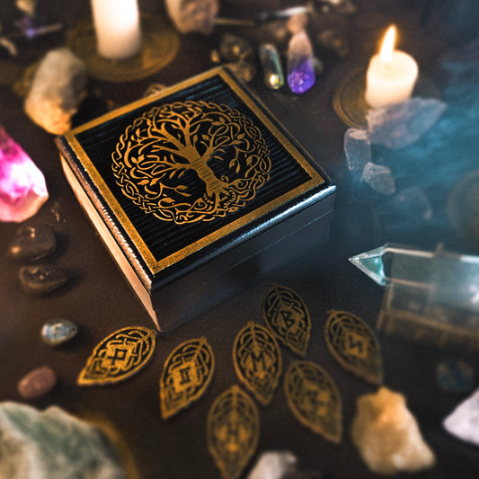 Black and Gold Hand Painted Leaf Rune Boxed  Gift Set