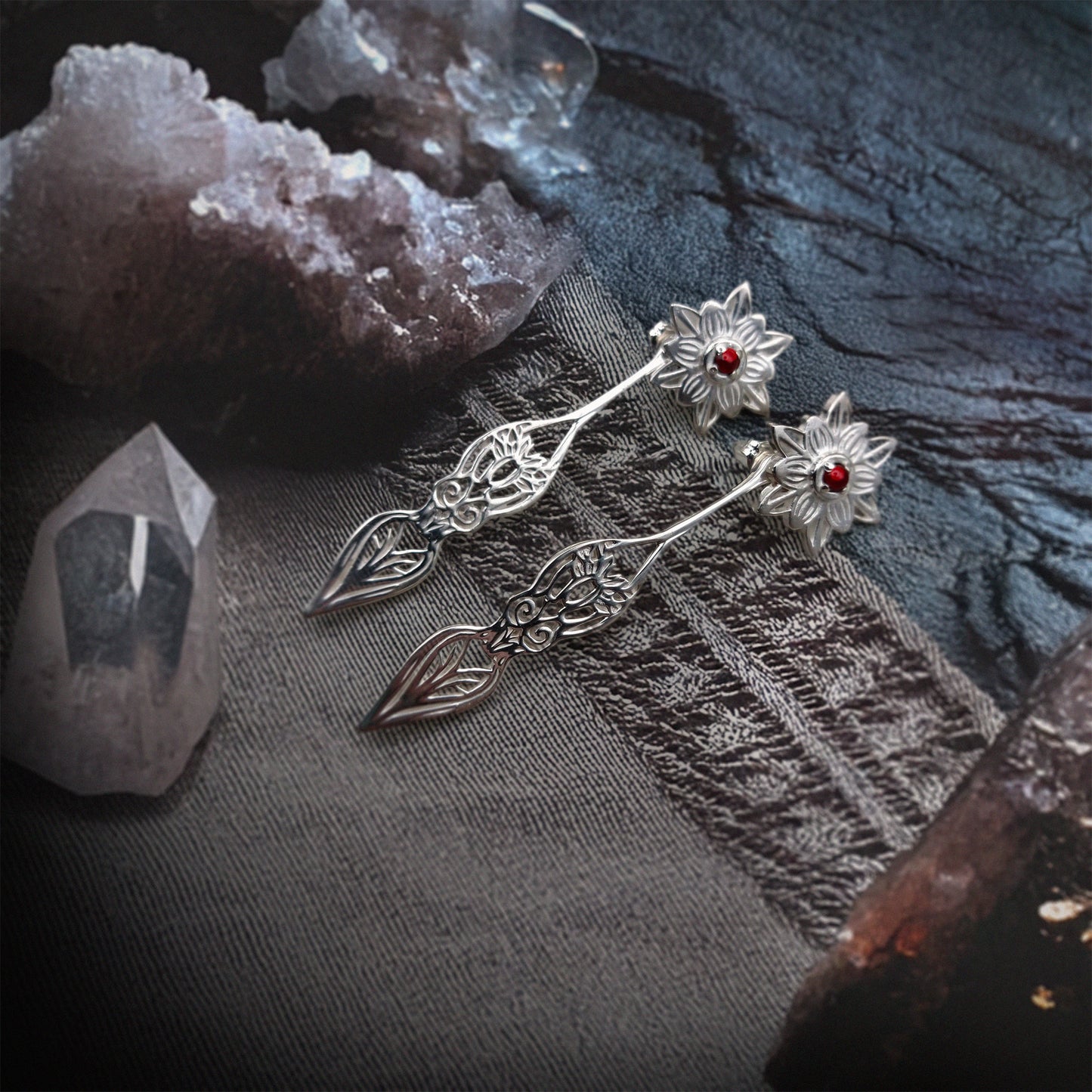 Sterling Silver goddess Garnet ear jacket earrings - Inlumined Arts LLC