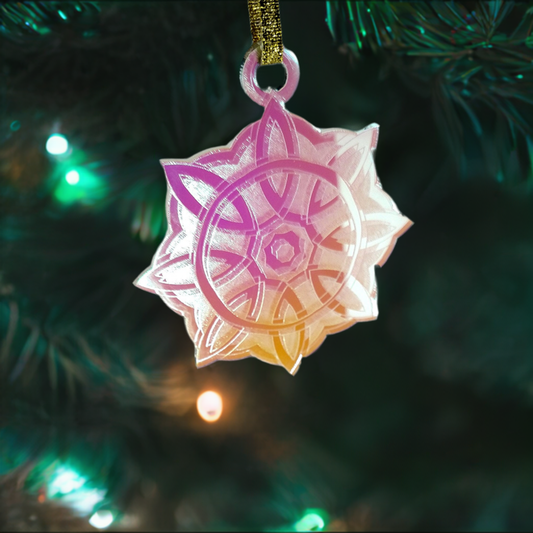 Celtic Snowflake Ornament - Yule Pagan Christmas Decor in Gold, Iridescent Acrylic, or Wood | Handmade Yuletide Tree Decoration Gift