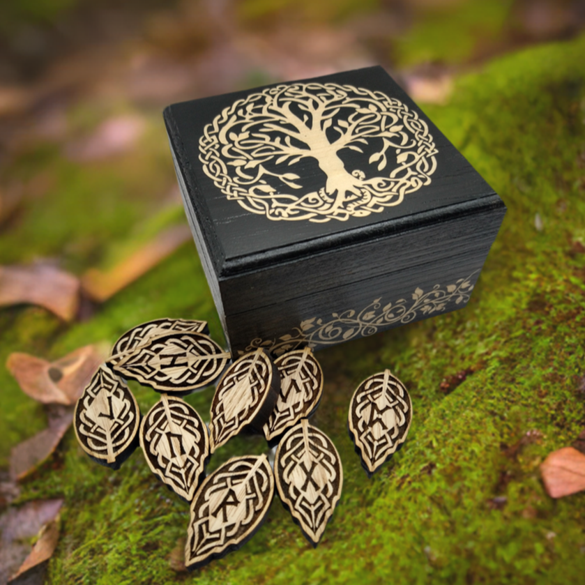 Norse Viking Elder Futhark LEAF Rune Set yggdrasil ASH WOOD worldtree - Inlumined Arts LLC