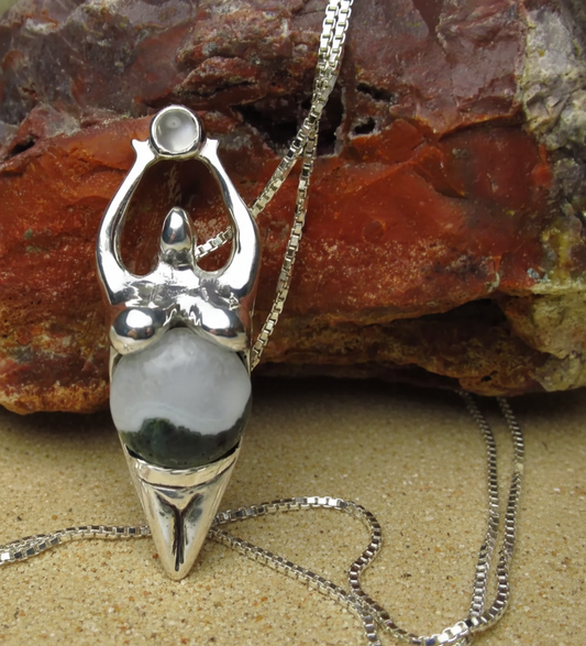 Sterling Silver Earth Goddess Pendant-Agate Moonstone Lapis