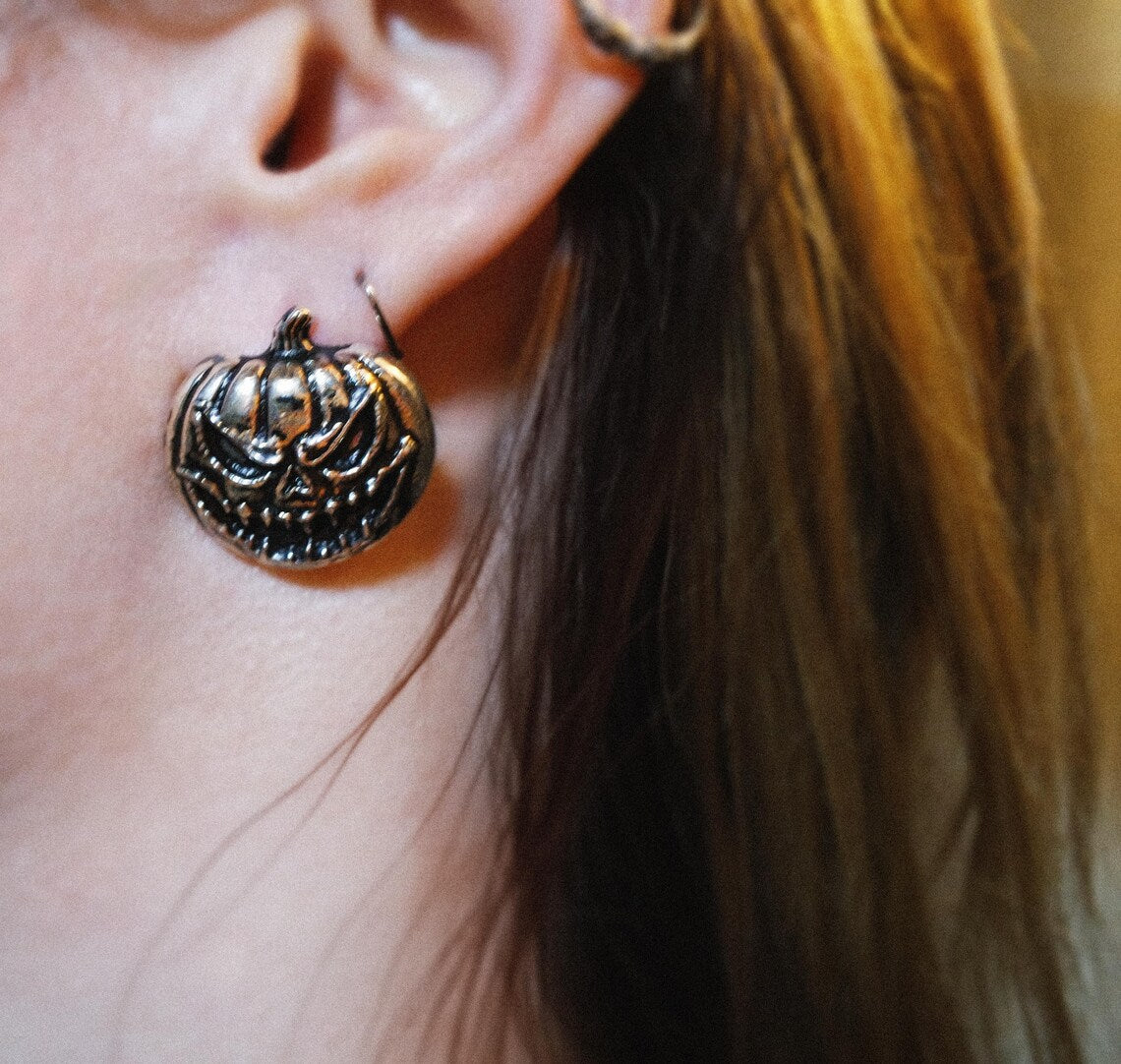 Handmade Sterling Silver Evil Pumpkin Stud Earrings