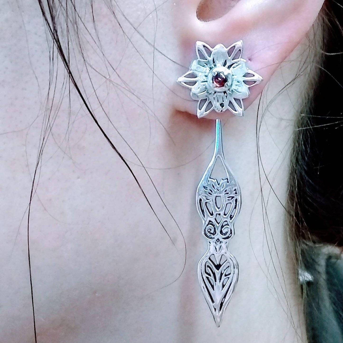Sterling Silver goddess Garnet ear jacket earrings - Inlumined Arts LLC