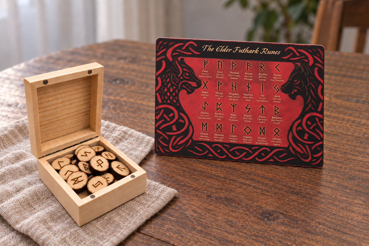 The Elder Futhark Runes set displayed on a wooden table, featuring an open light wood box with carved rune tokens and a red and black rune card next to it.