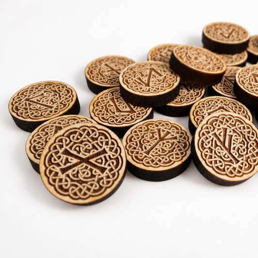A pile of round wooden norse runes engraved Celtic knotwork patterns and runic symbols, shown on a clean white background.