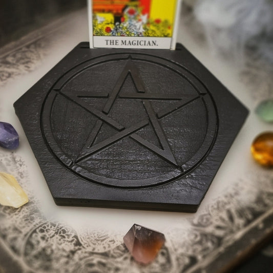 Earth Pentacle, black pentagram, tarot card holder, altar decor