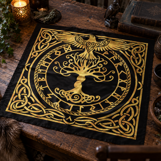 Norse Rune Circle Tarot Cloth World Tree Altar Cloth, Divination Mat Rune Casting Cloth