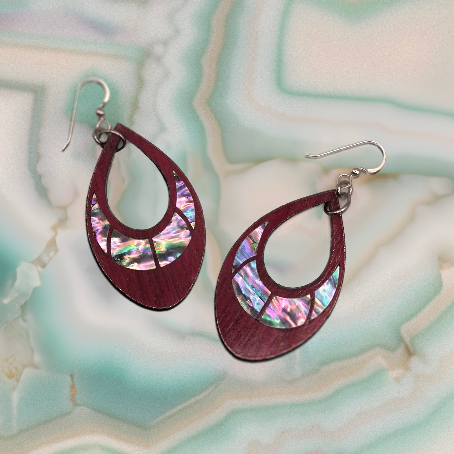 Avalon Mist Drop Dangle Wood Inlay Earrings