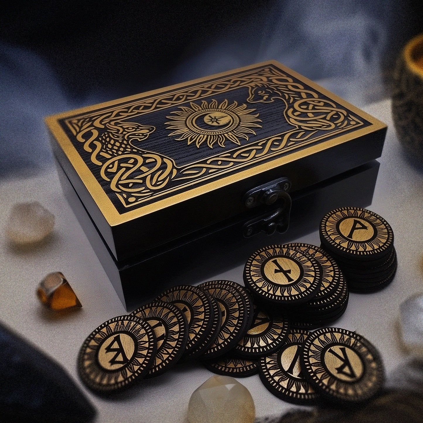 Sköll and Hati Boxed Wooden Viking Rune Set Elder Futhark