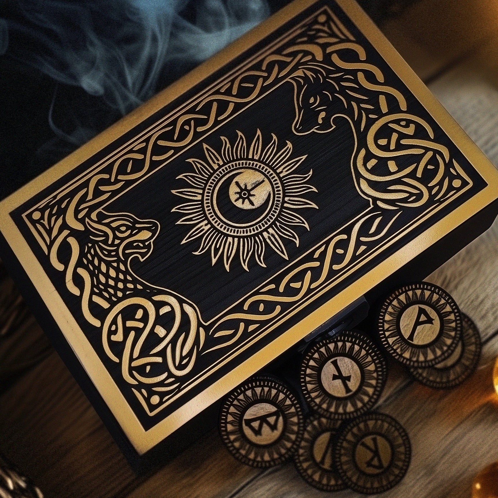 Unlock ancient wisdom with this handcrafted Elder Futhark rune set by artist Carol Phillips. Featuring 25 hand-painted birch runes in black and gold, a Norse wolf-themed wooden box, and a velvet pouch—perfect for divination, meditation, and spiritual connection.