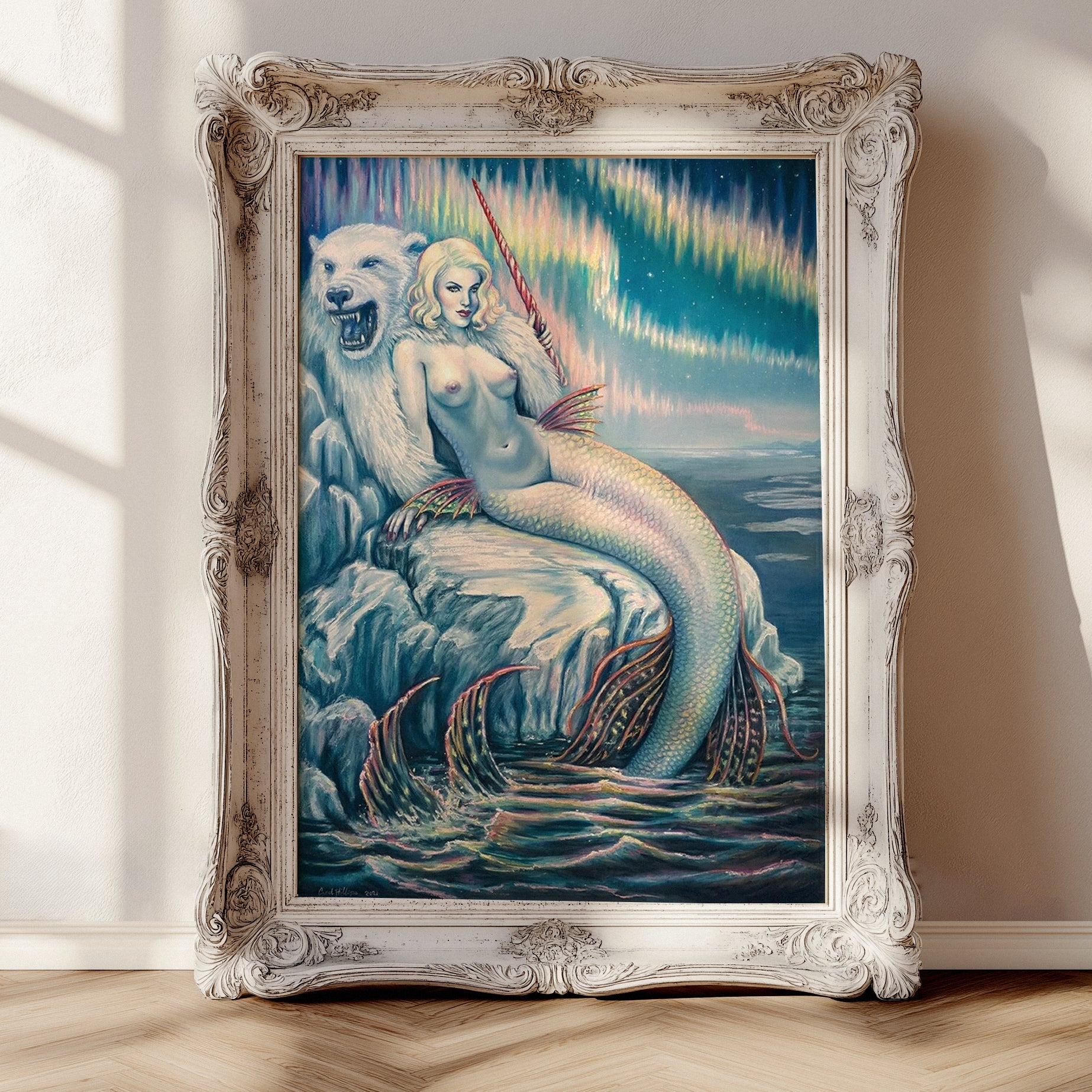 Zirconia Mermaid 43"x30"  Original Pastel Painting Fantasy Fine Art - Inlumined Arts LLC