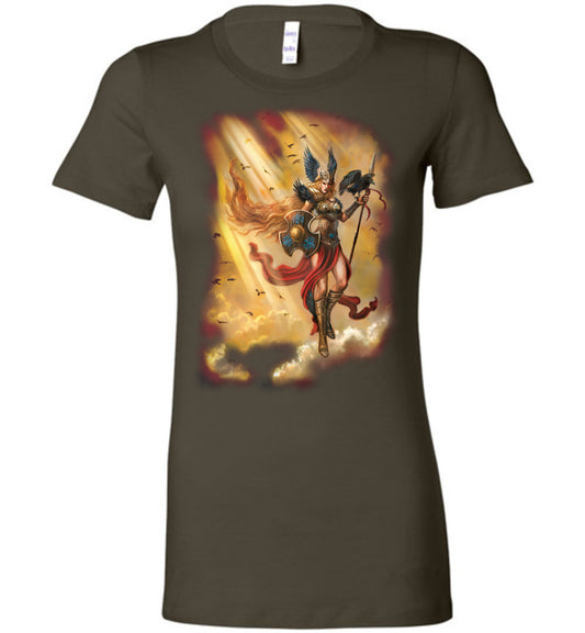 Valkyrie Norse Ladies Fitted Fantasy Art graphic shirt Dark (S-2x) - Inlumined Arts LLC