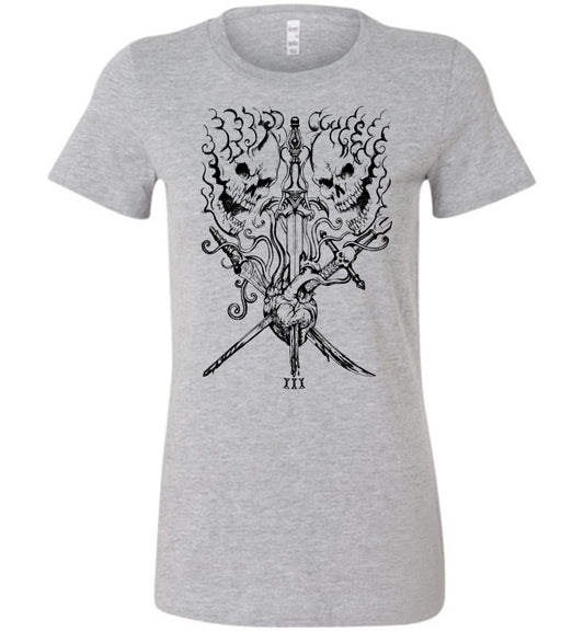 Ladies Fit Black on White Three of Swords T-shirt - Inlumined Arts LLC