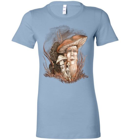 Ladies Womens  T-shirt Mushroom People  Fantasy Nature Art Juniors (S-2xL) - Inlumined Arts LLC
