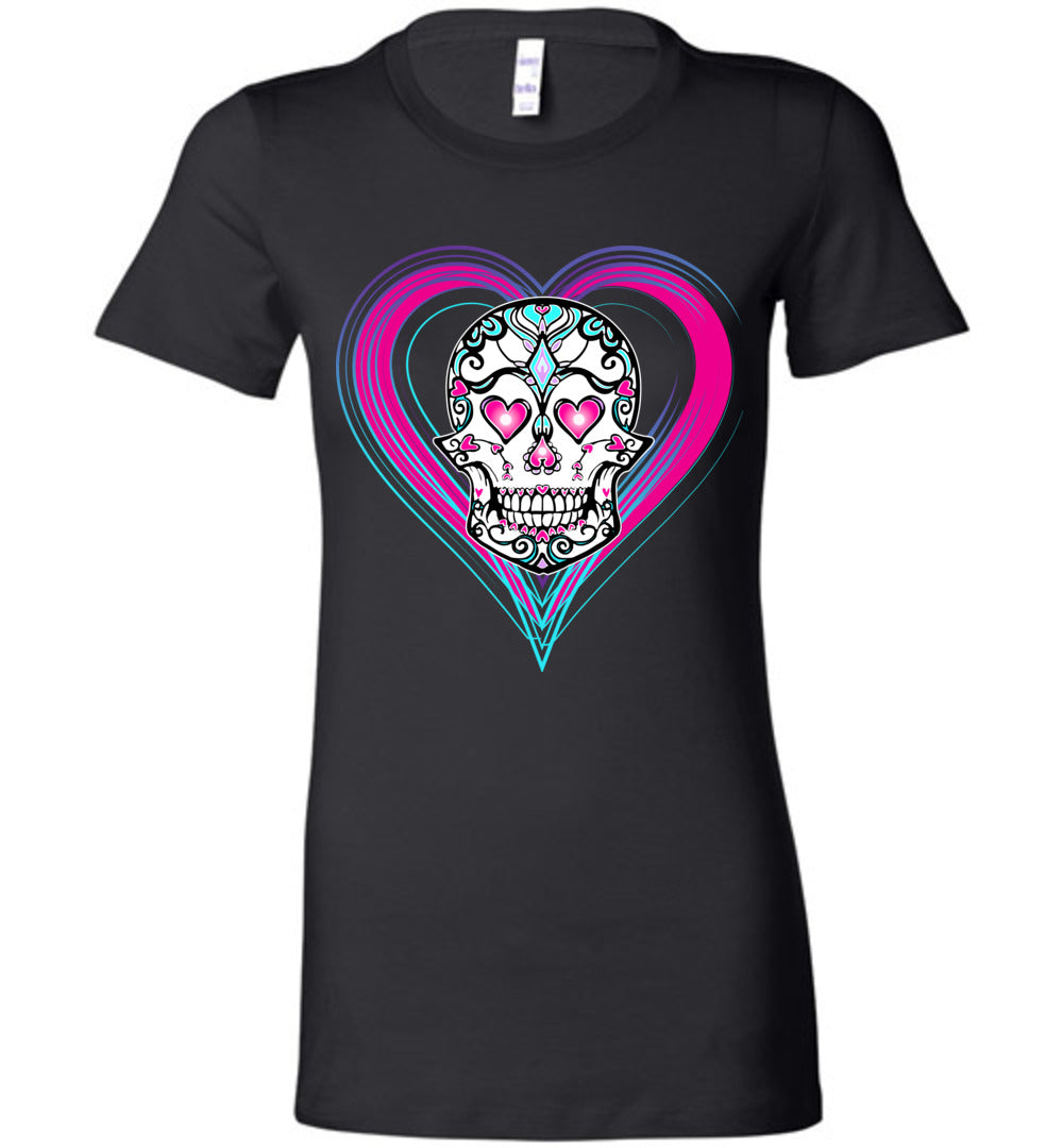 Sugar Skull Haloween Graphic Heart Dead of the Dead undead Ladies Shirt S -2xl - Inlumined Arts LLC