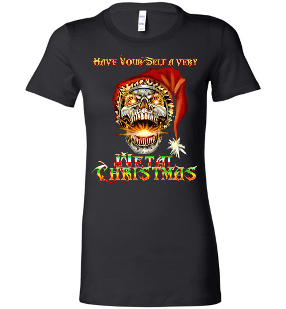 Skull Santa Heavy Metal Christmas Holiday Shirt Ladies Bella s-2xl - Inlumined Arts LLC