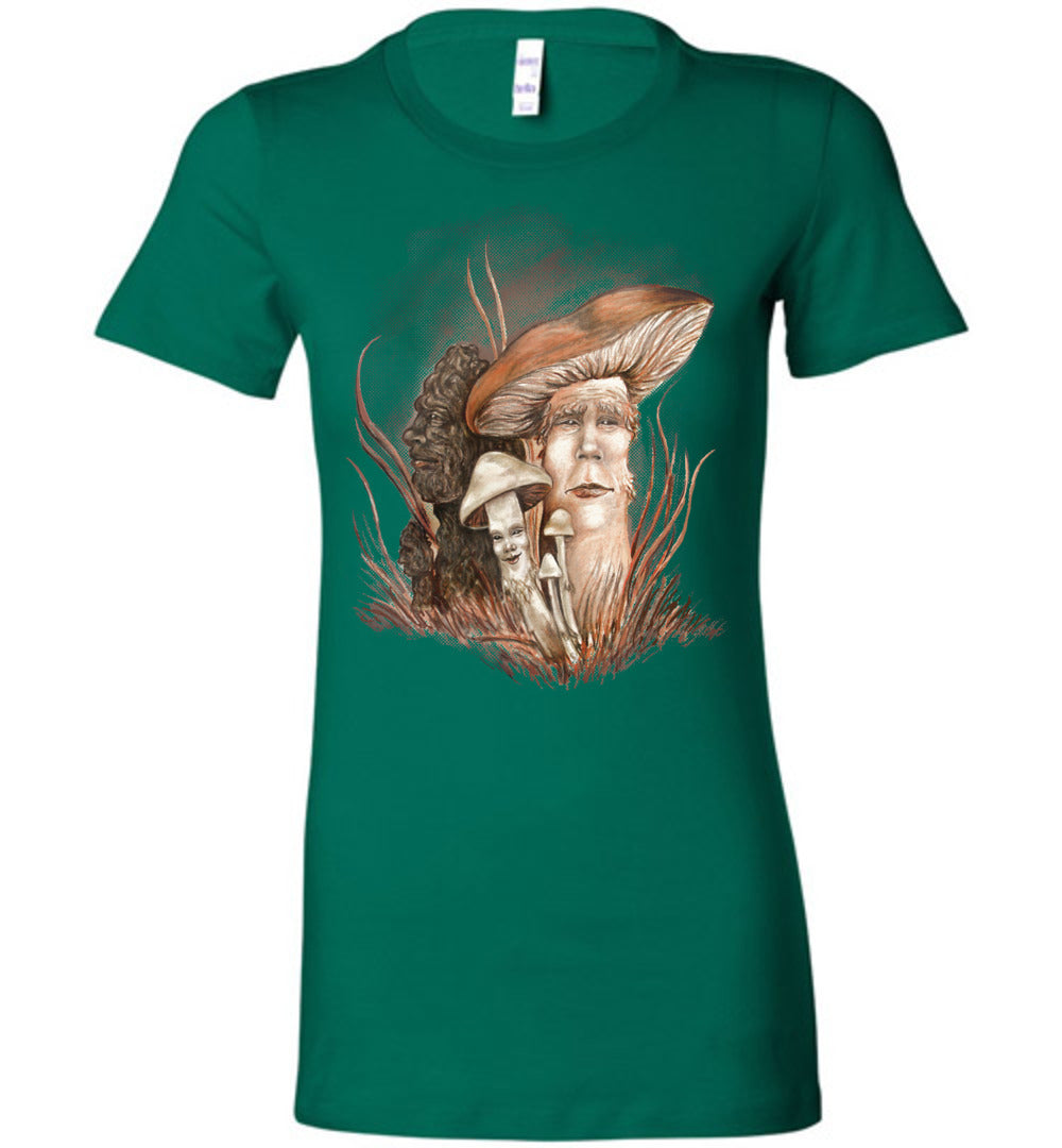 Ladies Womens T-shirt Mushroom People Fantasy Nature Art Juniors (S-2xL) - Inlumined Arts LLC