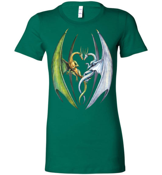 Entwined Dragons Fantasy Art  Womens Fitted  Graphic T-shirt - Inlumined Arts LLC