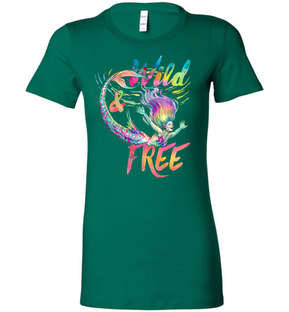 Wild and Free whimsical rainbow mermaid shirt Bella (s-2xl) - Inlumined Arts LLC