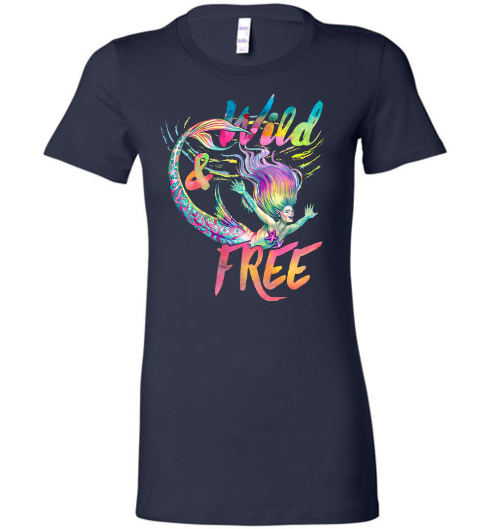Wild and Free whimsical rainbow mermaid shirt Bella (s-2xl) - Inlumined Arts LLC