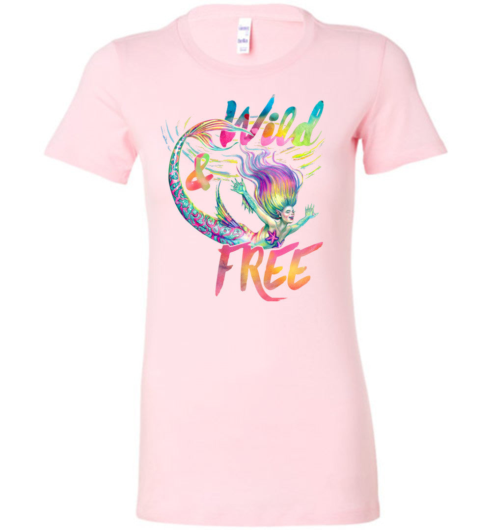 Wild and Free whimsical rainbow mermaid shirt Bella (s-2xl) - Inlumined Arts LLC