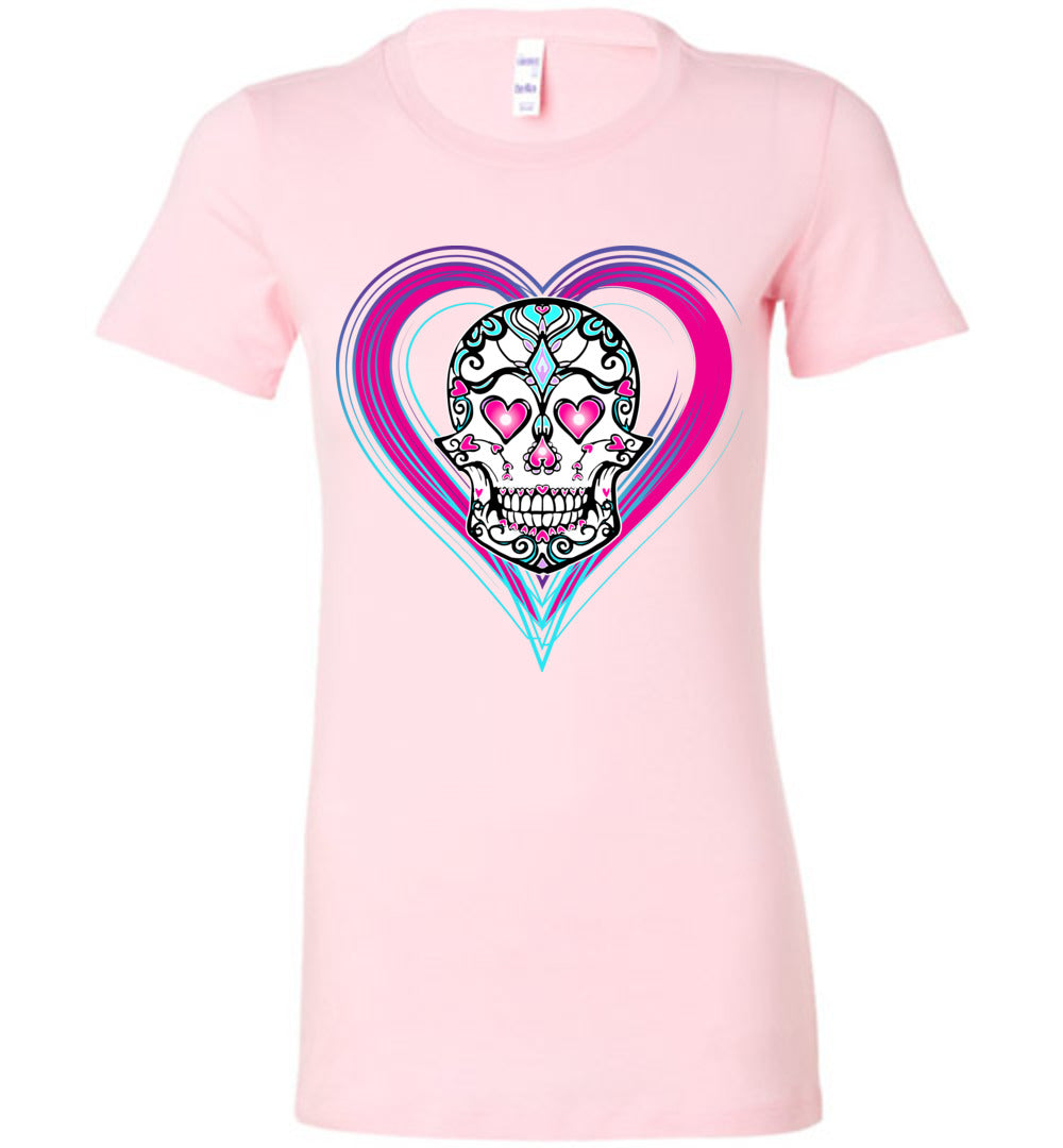 Sugar Skull Haloween Graphic Heart Dead of the Dead undead Ladies Shirt S -2xl - Inlumined Arts LLC