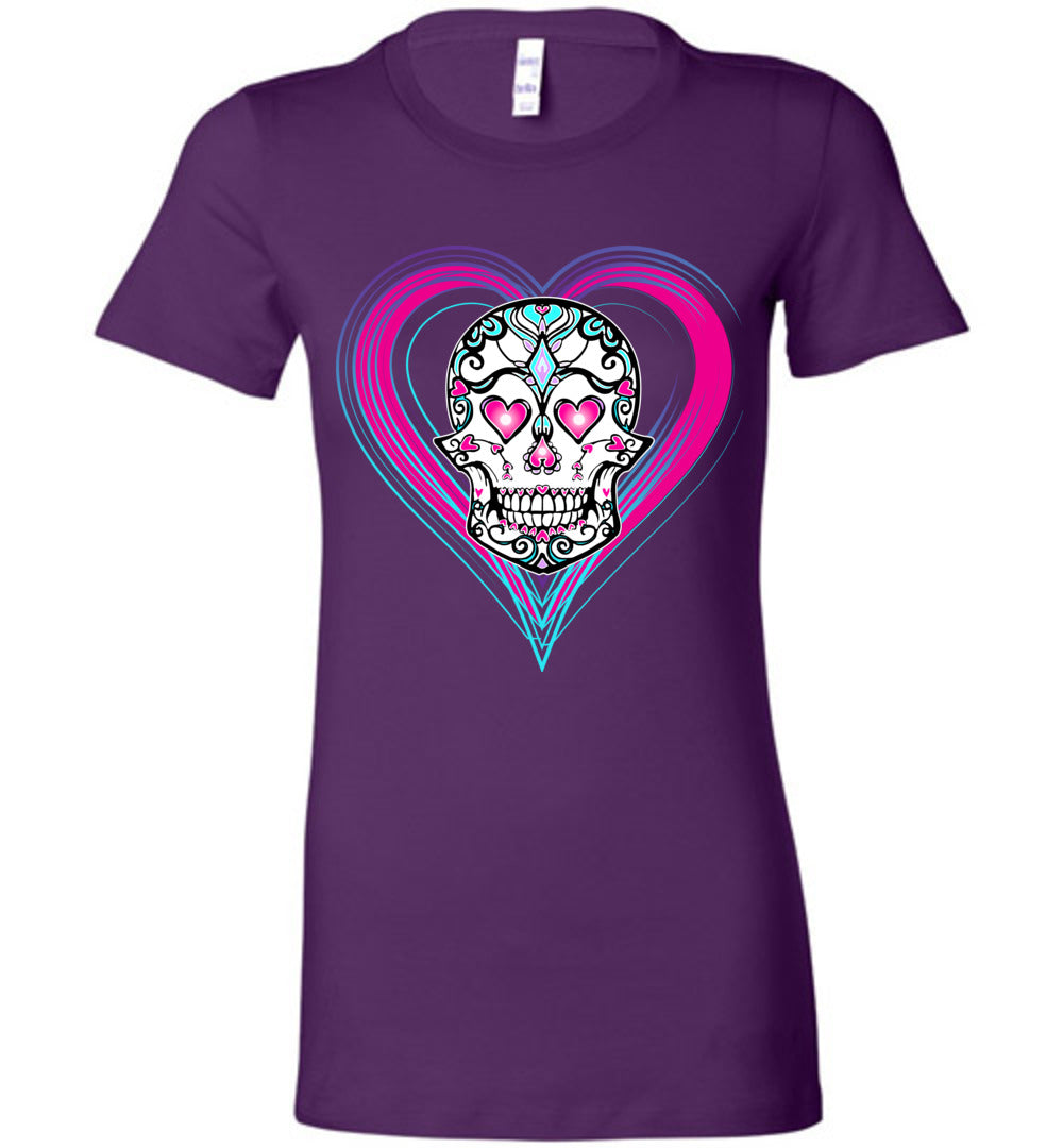 Sugar Skull Haloween Graphic Heart Dead of the Dead undead Ladies Shirt S -2xl - Inlumined Arts LLC