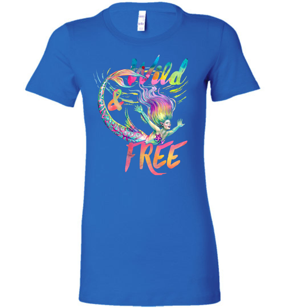 Wild and Free whimsical rainbow mermaid shirt Bella (s-2xl) - Inlumined Arts LLC