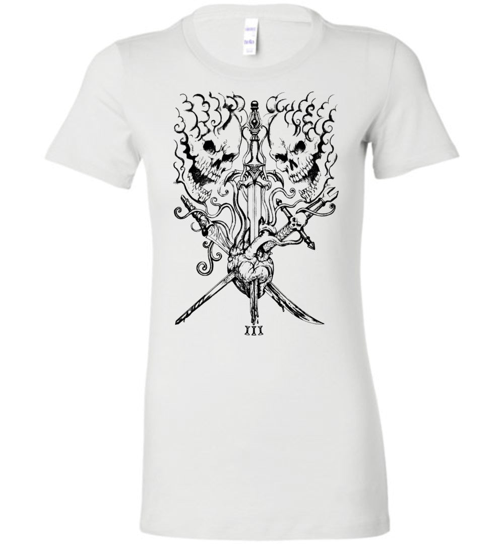 Ladies Fit Black on White Three of Swords T-shirt - Inlumined Arts LLC