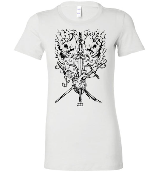 Ladies Fit Black on White Three of Swords T-shirt - Inlumined Arts LLC