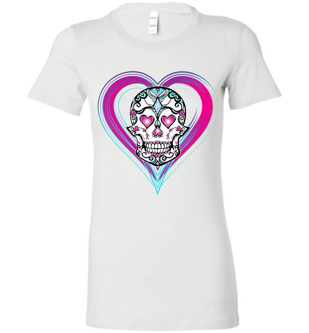 Sugar Skull Haloween Graphic Heart Dead of the Dead undead Ladies Shirt S -2xl - Inlumined Arts LLC