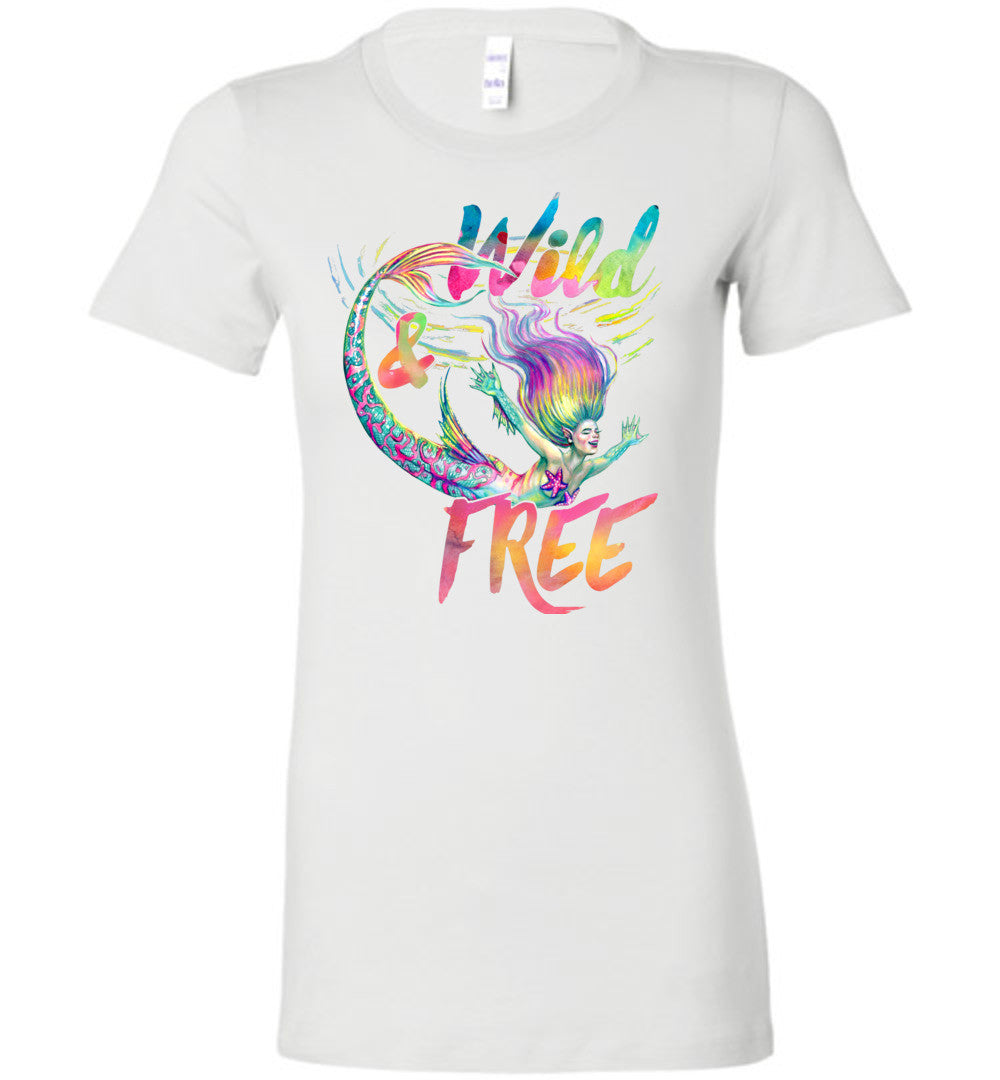 Wild and Free whimsical rainbow mermaid shirt Bella (s-2xl) - Inlumined Arts LLC