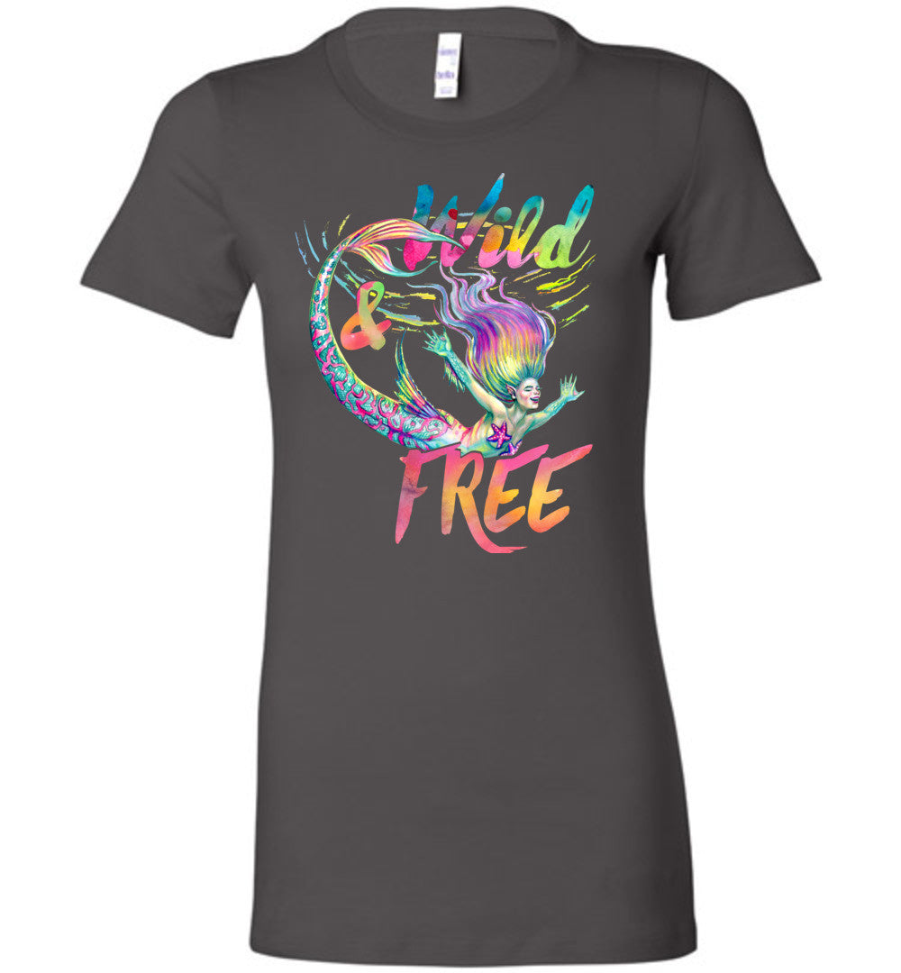 Wild and Free whimsical rainbow mermaid shirt Bella (s-2xl) - Inlumined Arts LLC