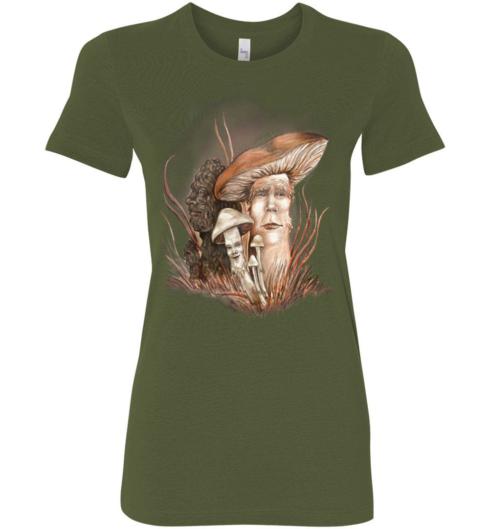 Ladies Womens T-shirt Mushroom People Fantasy Nature Art Juniors (S-2xL) - Inlumined Arts LLC