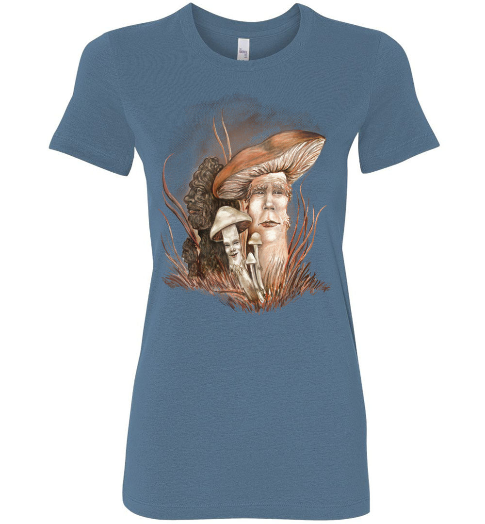 Ladies Womens T-shirt Mushroom People Fantasy Nature Art Juniors (S-2xL) - Inlumined Arts LLC