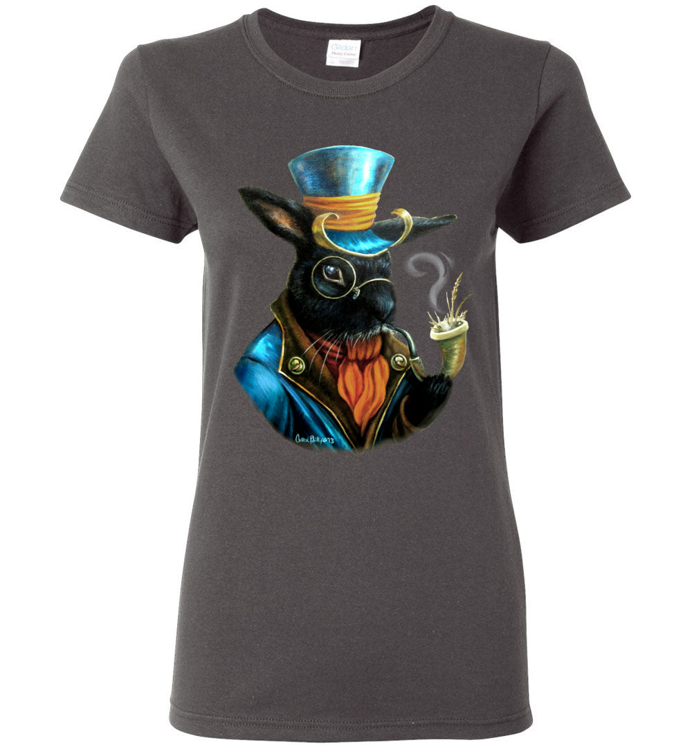 Ladies steam punk fantasy smoking bunny T-shirt - Inlumined Arts LLC