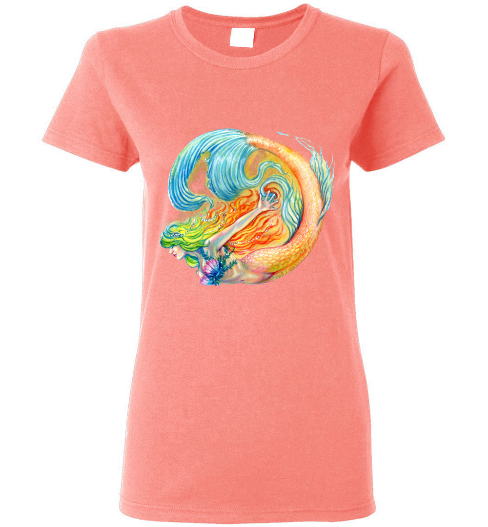 Color swirl Rainbow Siren Mermaid Beachwear t-shirt Gildan Womens - Inlumined Arts LLC
