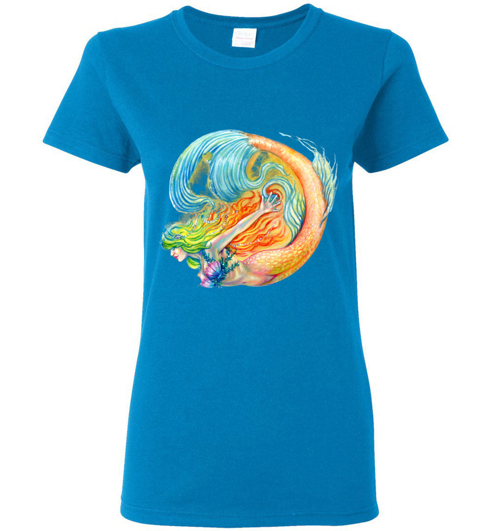 Color swirl Rainbow Siren Mermaid Beachwear t-shirt Gildan Womens - Inlumined Arts LLC