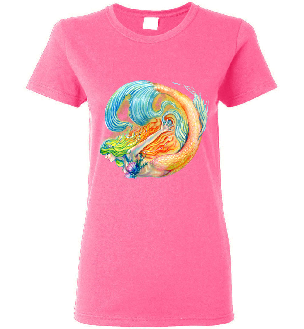 Color swirl Rainbow Siren Mermaid Beachwear t-shirt Gildan Womens - Inlumined Arts LLC