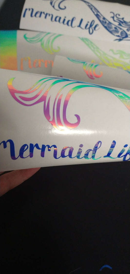 Mermaid life fantasy decal for car, boat, laptop, blue gold holographic sticker
