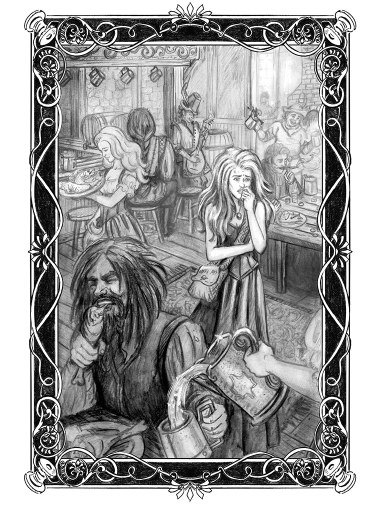 Shara and the Haunted Village Illustration Drawing #14 Shara Tavern - Inlumined Arts LLC