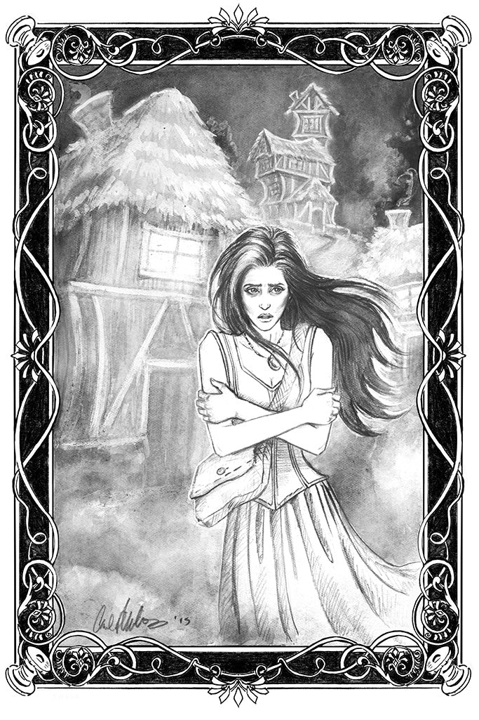 Shara and the Haunted Village Original Published Illustration Drawing #11 Shara Scared - Inlumined Arts LLC